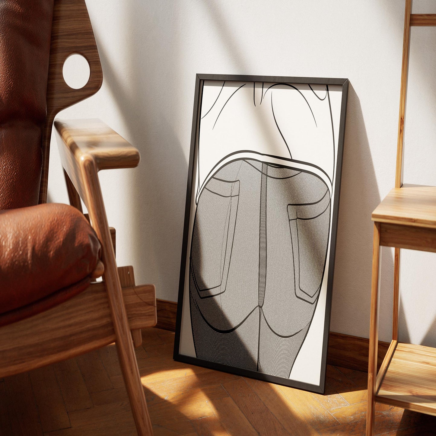 Line art of Jeans Denim Model 50 framed artwork in a cozy room setting.