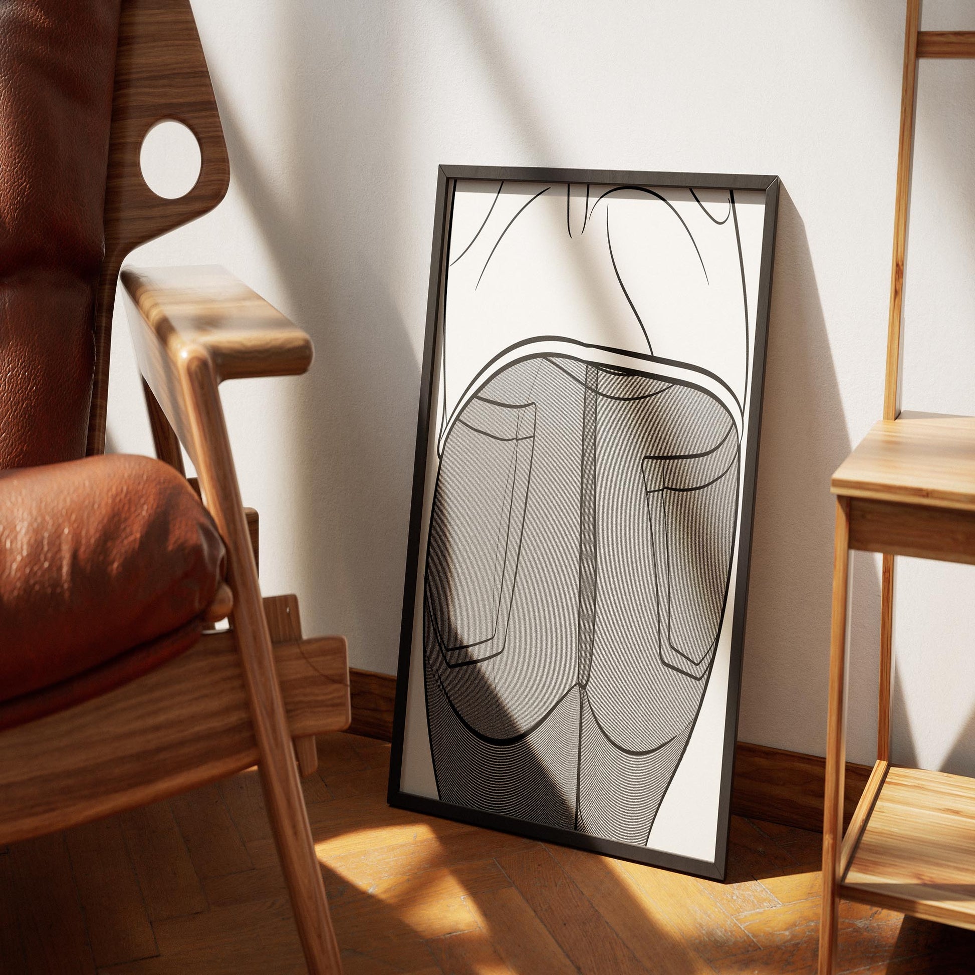 Line art of Jeans Denim Model 50 framed artwork in a cozy room setting.