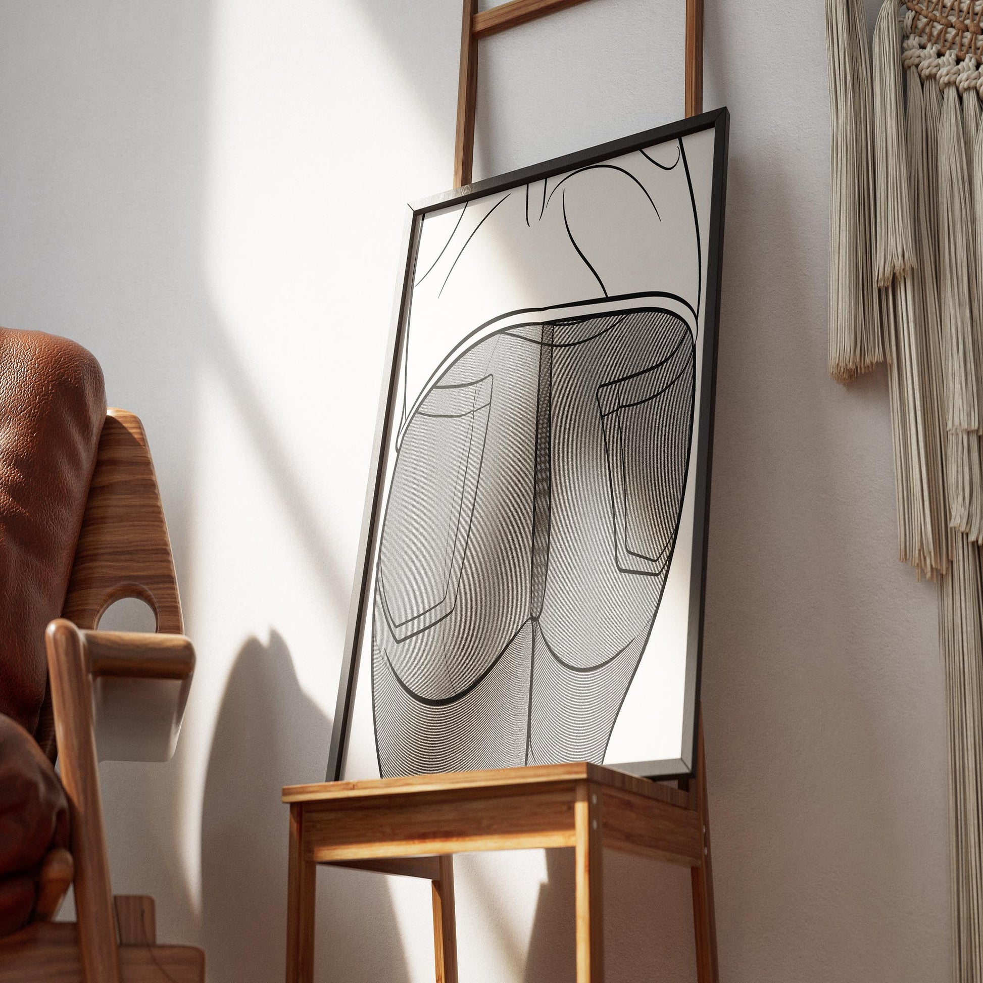 Jeans Denim Model 50 line art framed on a wooden easel in stylish setting.