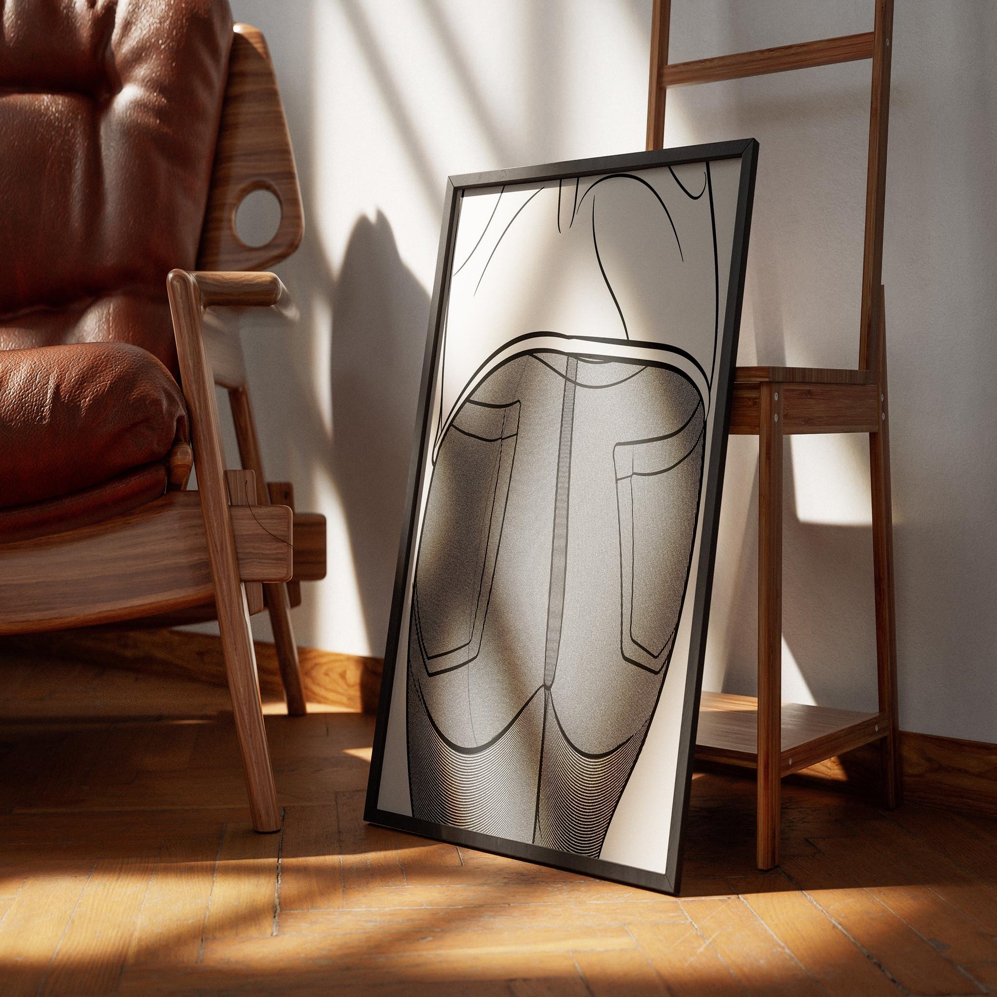 Line Art - Jeans Denim Model 50 digital artwork in a stylish frame on a wooden floor, featuring unique line art design.