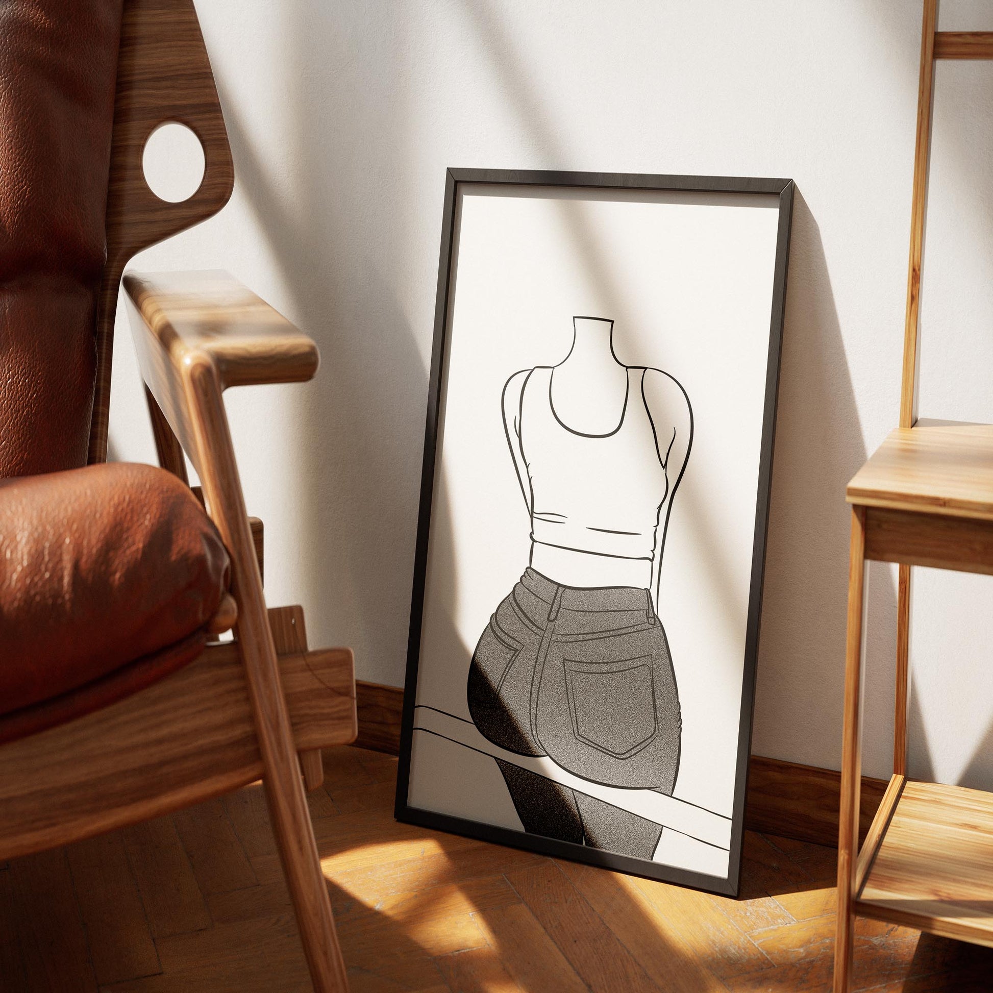 Line Art - Jeans Denim Model 74 in sleek design with blue denim and dark crop top illustration.