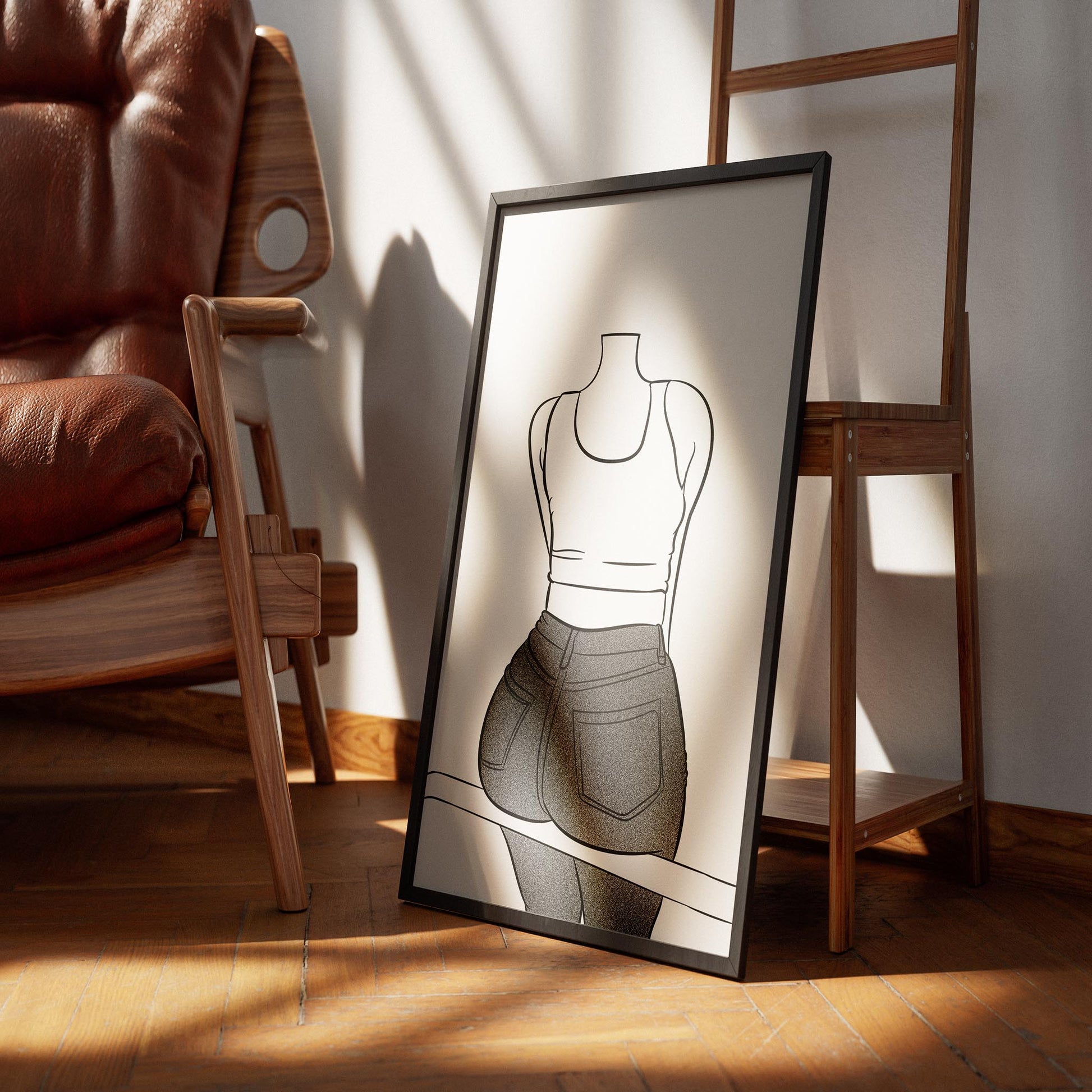 Line Art - Jeans Denim Model 74 illustration in frame on wooden floor.