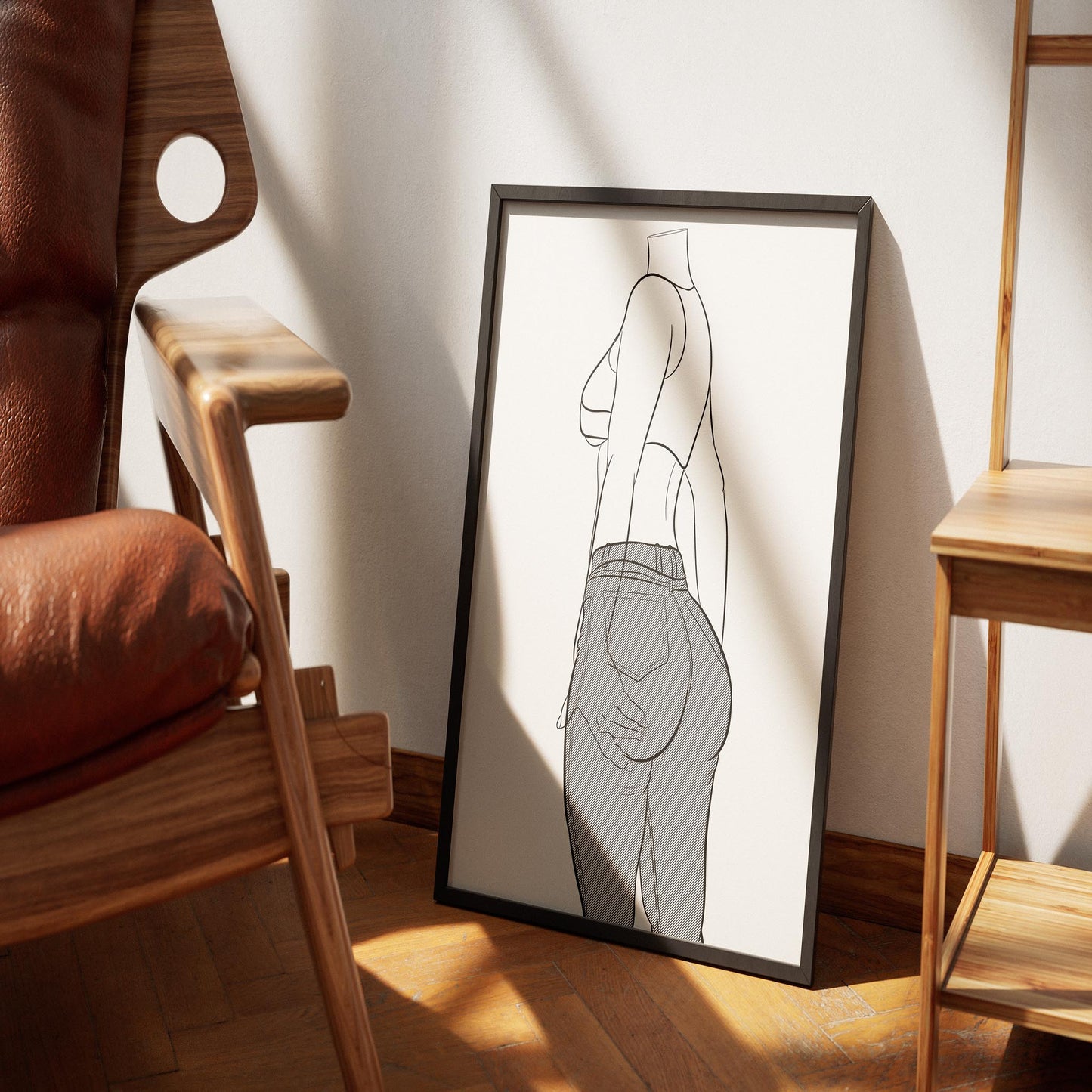 Line Art - Jeans Denim Model 75 framed artwork in a cozy room, featuring a figure in denim jeans and a crop top highlighted by sunlight.