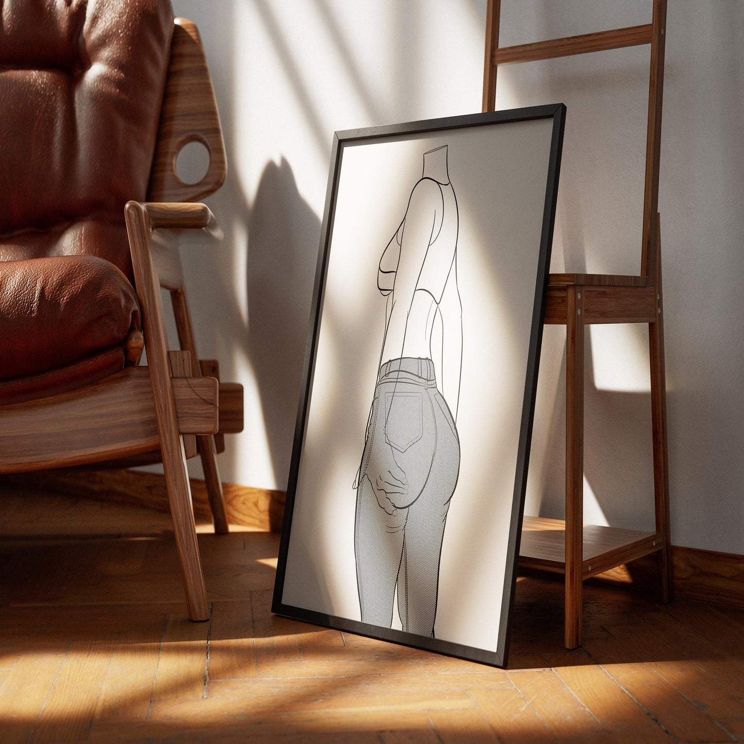 Line art denim jeans illustration in a stylish frame.