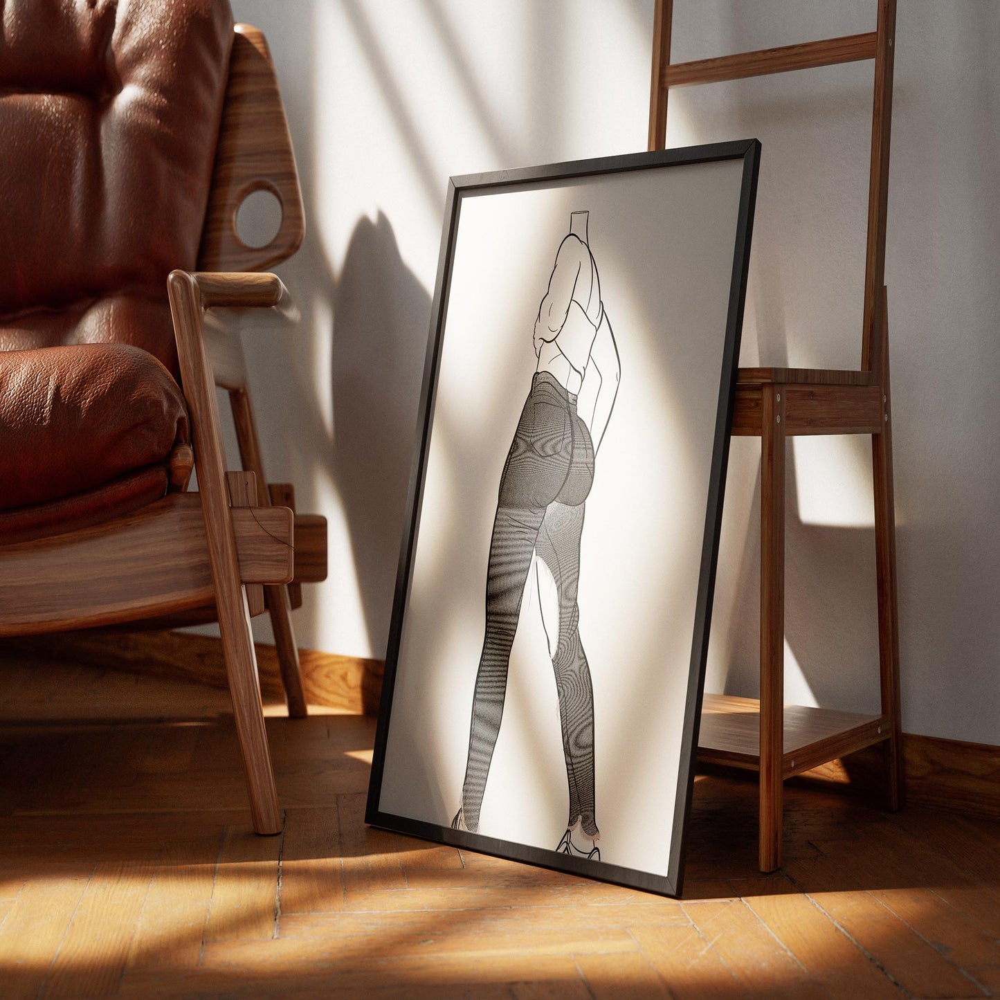 Line art poster featuring Jeans Denim Model 77 displayed in a stylish room setting.