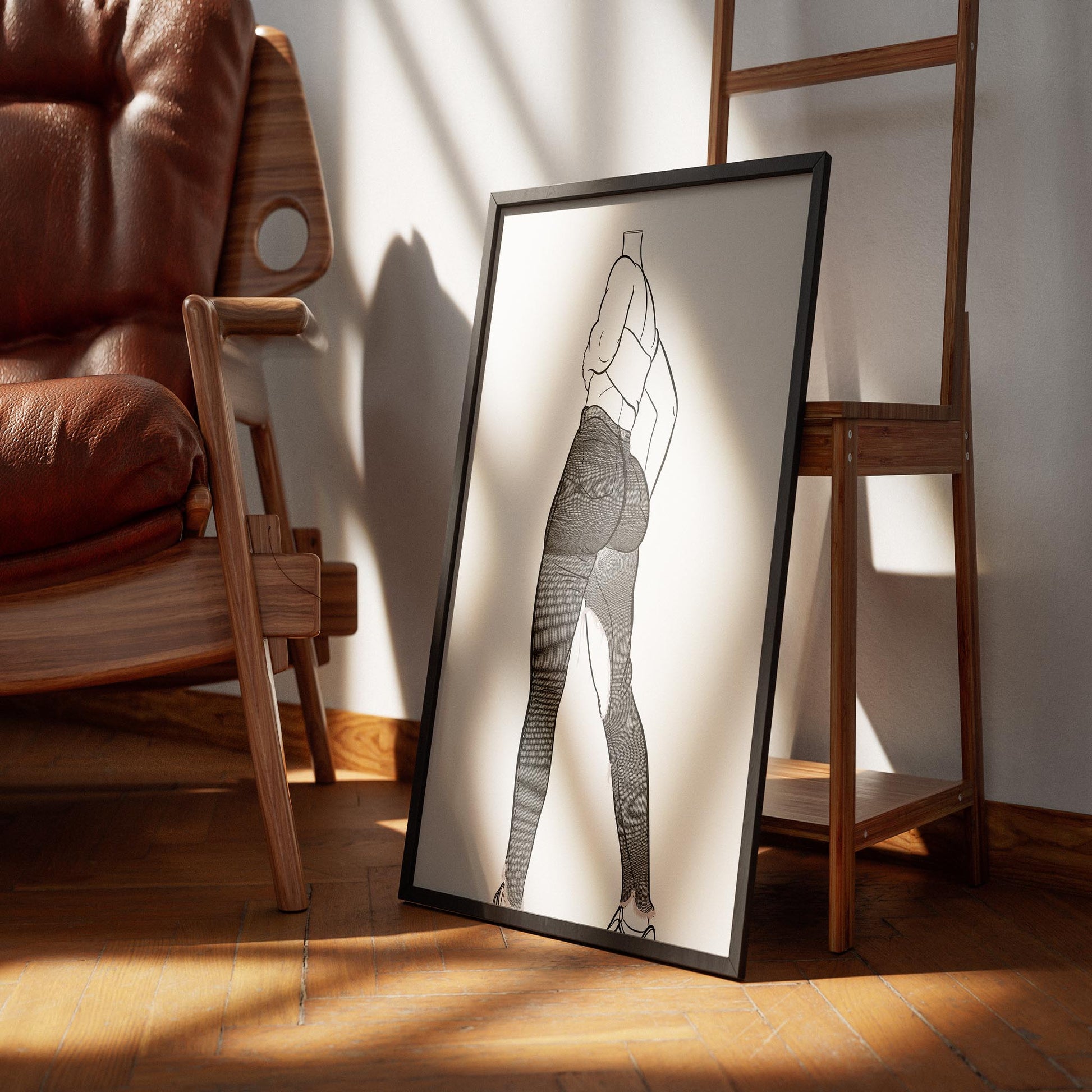 Line art poster featuring Jeans Denim Model 77 displayed in a stylish room setting.