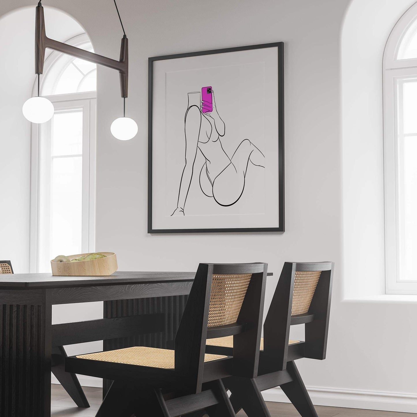 Modern dining room with a framed line art illustration titled "Lingerie Model 101" on the wall.