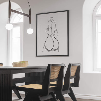 Digital line art of Model 102 with dynamic shading and contours, framed on a modern dining room wall.