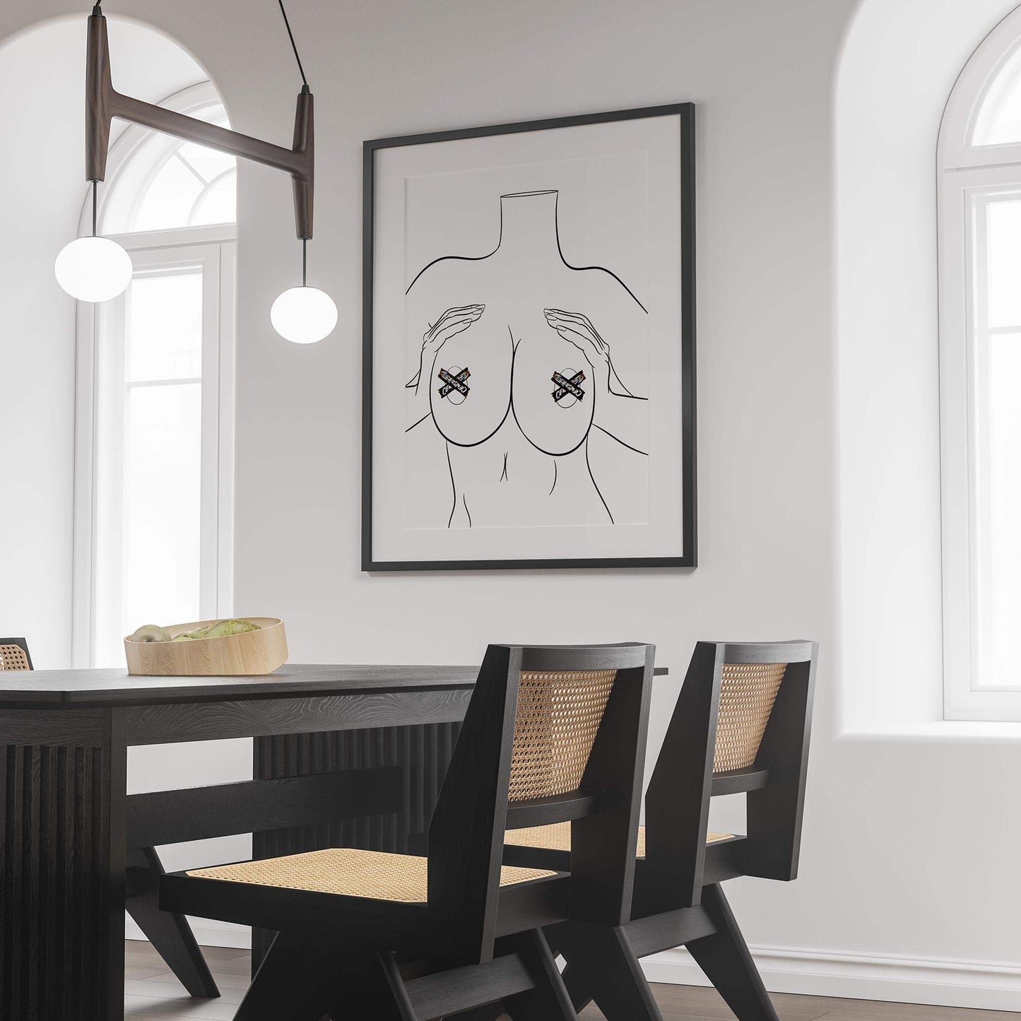 Line art print titled "Model 13" in pop art style displayed in a modern room setting.