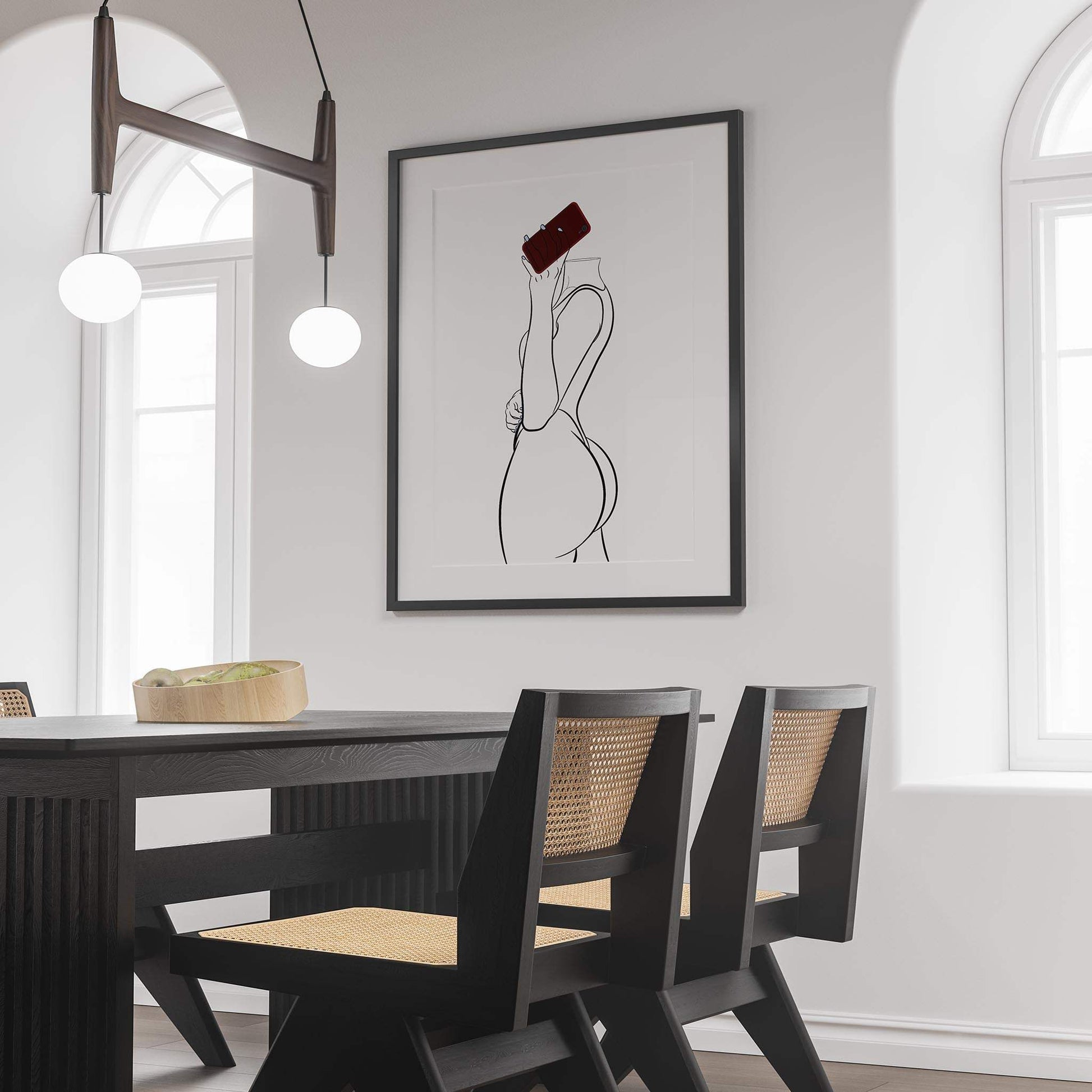 Line art of headless figure taking selfie, pop art style, Model 14, displayed in modern room setting.