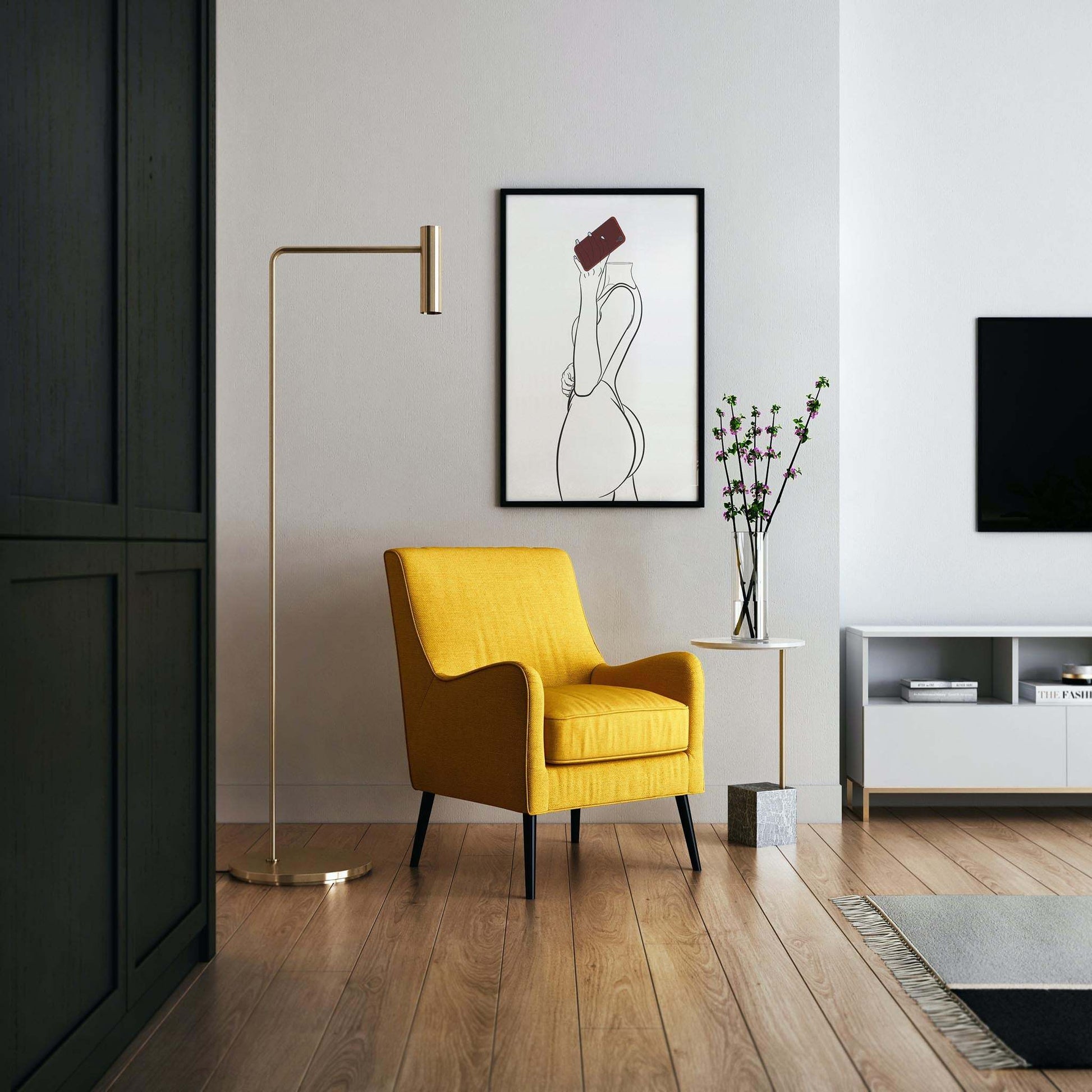 Pop art line art of Model 14 displayed in a modern living room setting with yellow armchair.