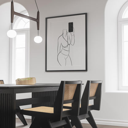 Line art of Model 29 featuring athleisure wear in a modern interior setting.