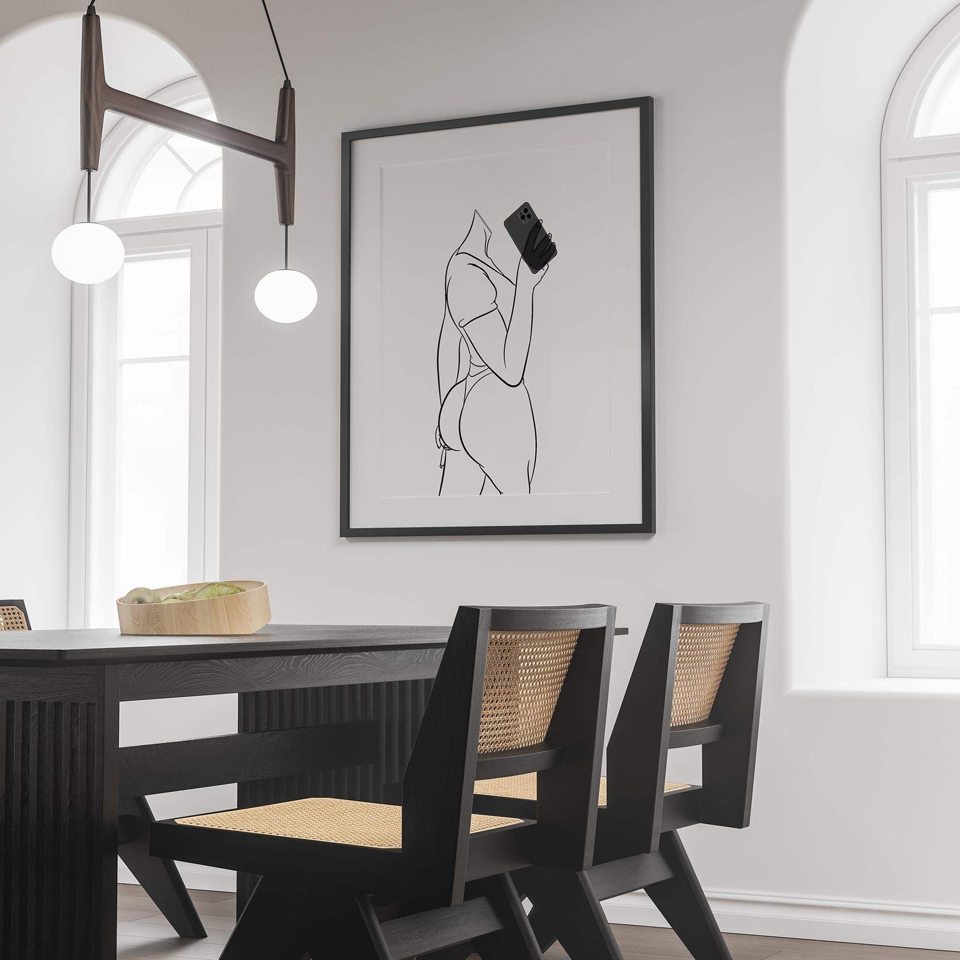 Modern dining room with 'Lingerie Model 32 - Digitalized Arts Line Art' framed on wall, showcasing sleek design.