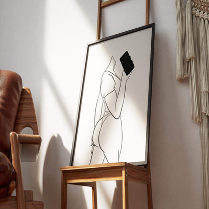 Digital art print of "Model 32 - Line Art" with modern figure, vibrant colors, and sleek lines displayed in a contemporary setting.