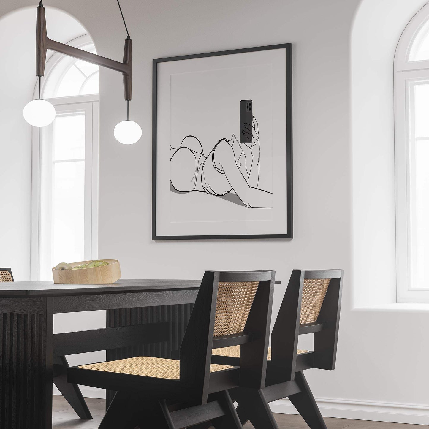 Digital line art illustration of Model 36 featuring bold curves in a modern dining room setting.