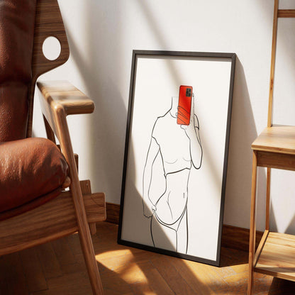 Digital line art of a model taking a selfie, framed and placed in a well-lit room.