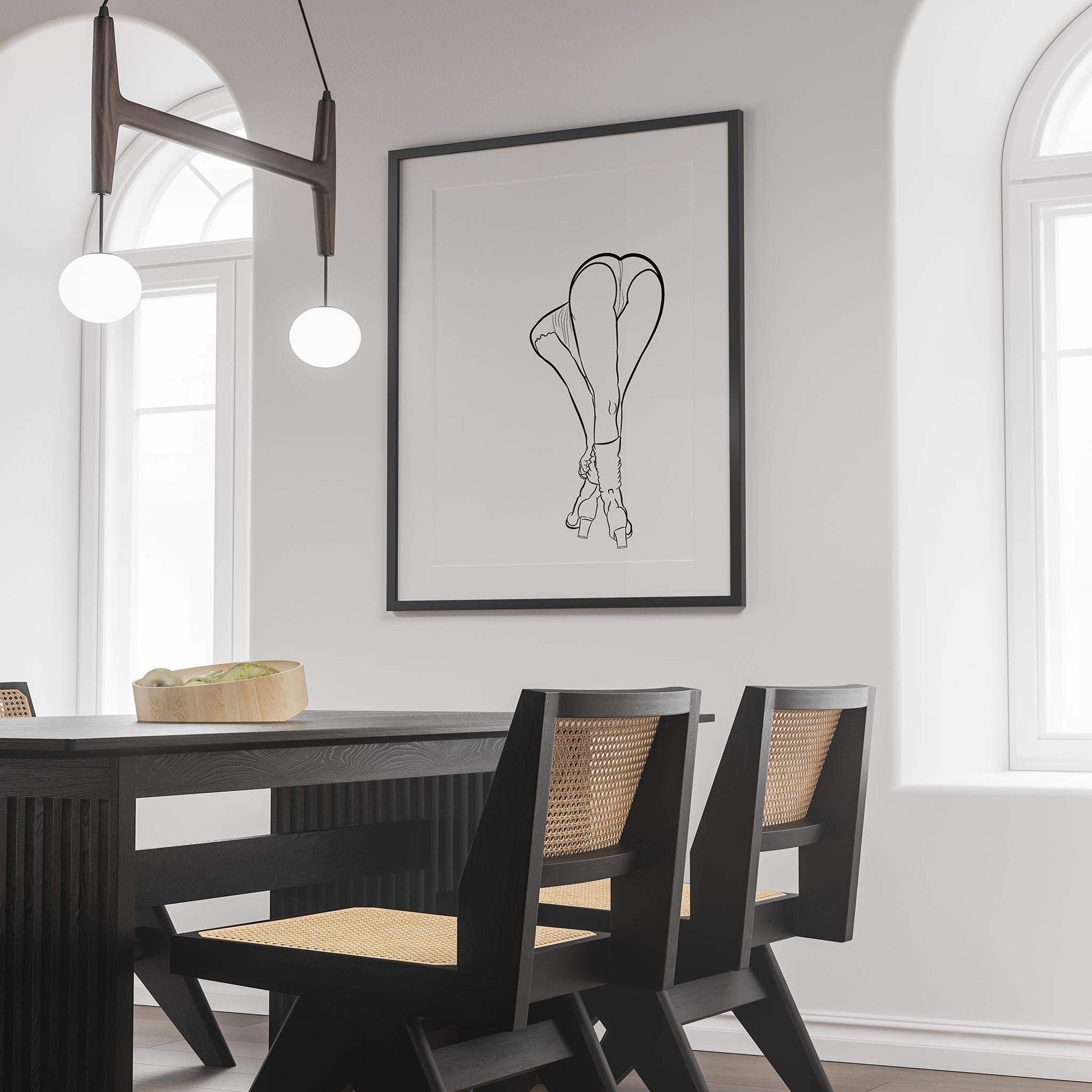 Wall art featuring Lingerie Model 72 line art in a modern dining room.