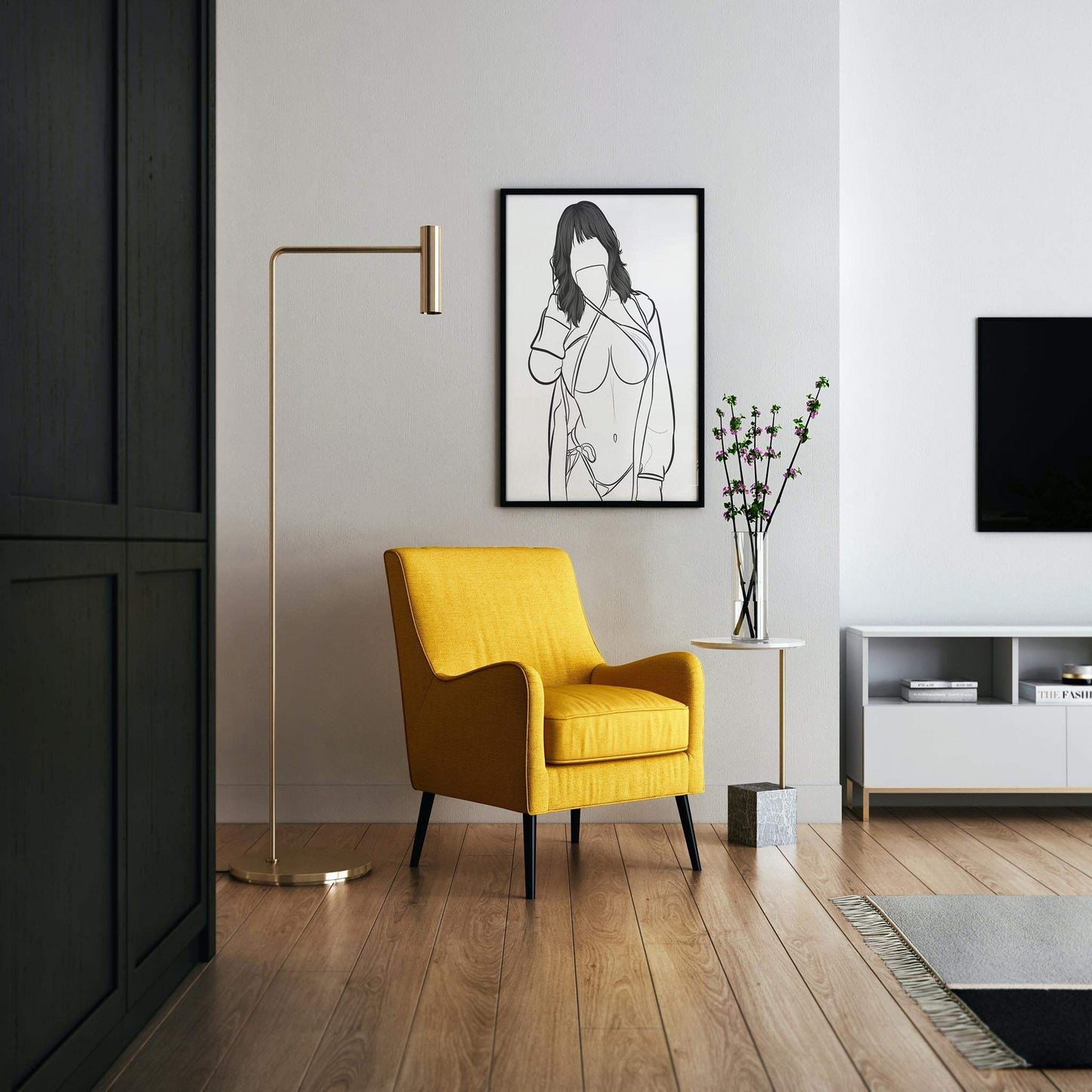 Digital illustration of 'Line Art - Model 76' framed on a modern living room wall.