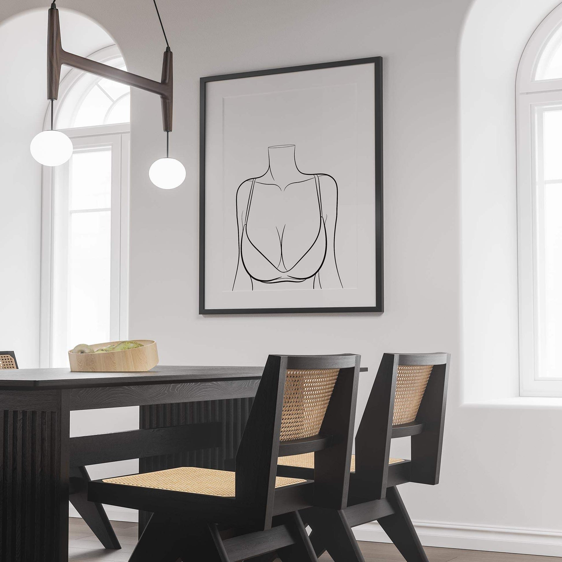 Minimalist line art illustration of Model 78 displayed on a dining room wall.