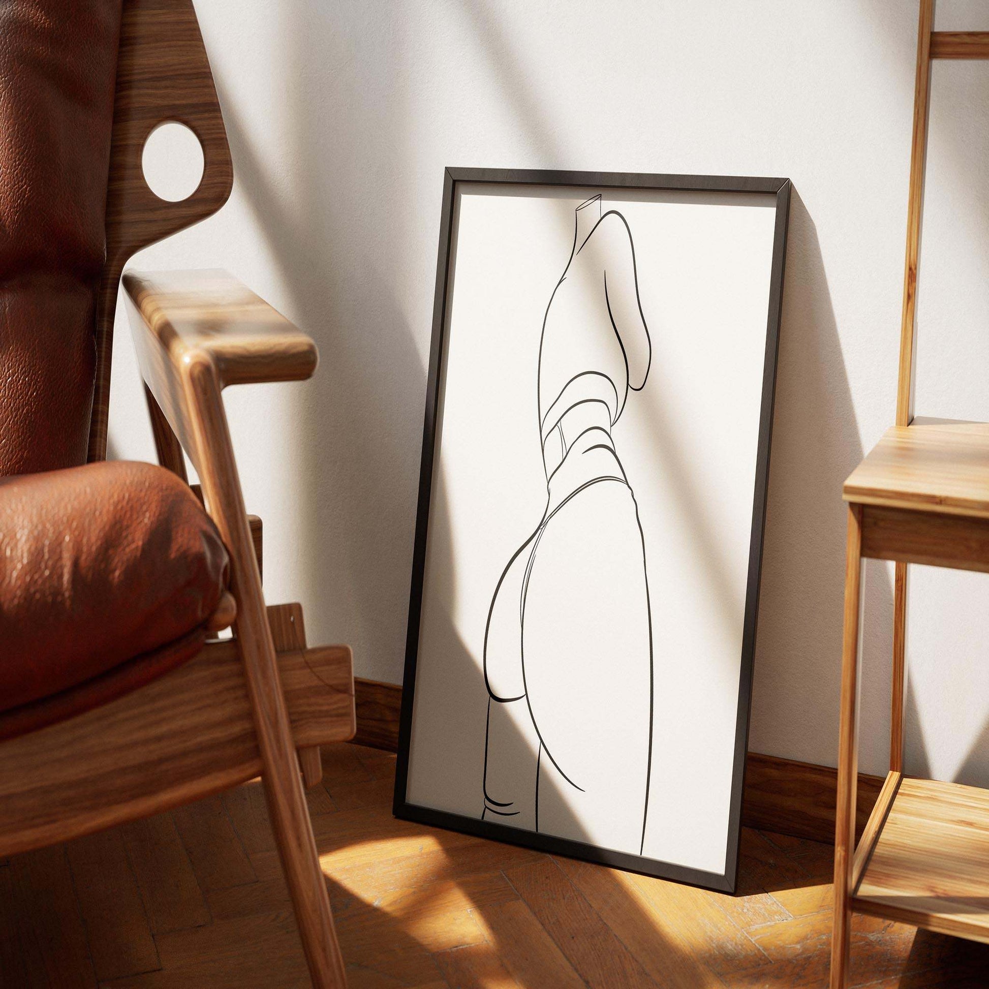 Minimalist line art illustration of a figure in cream oversized sweater and dark blue pants, highlighting dynamic silhouette.