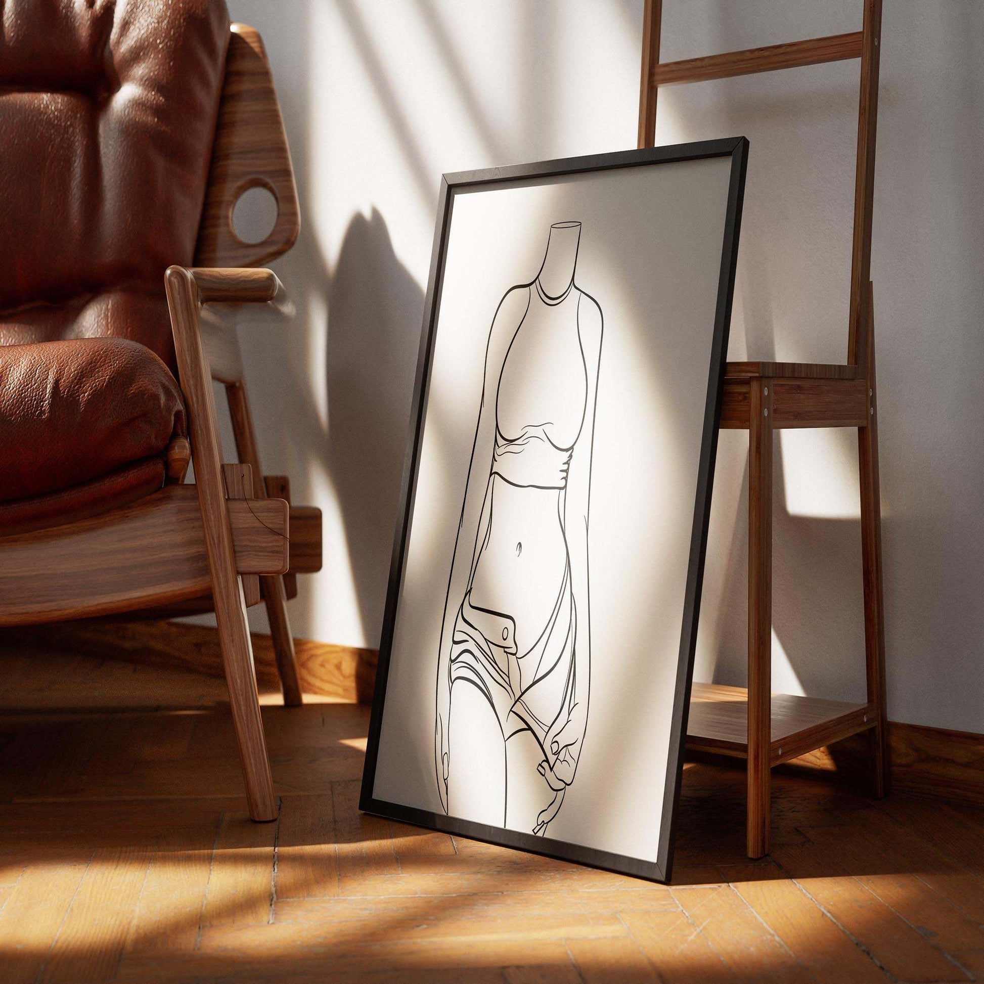 Stylized line art figure showcasing fashionable grey crop top and orange bikini bottom, emphasizing dynamic body form.