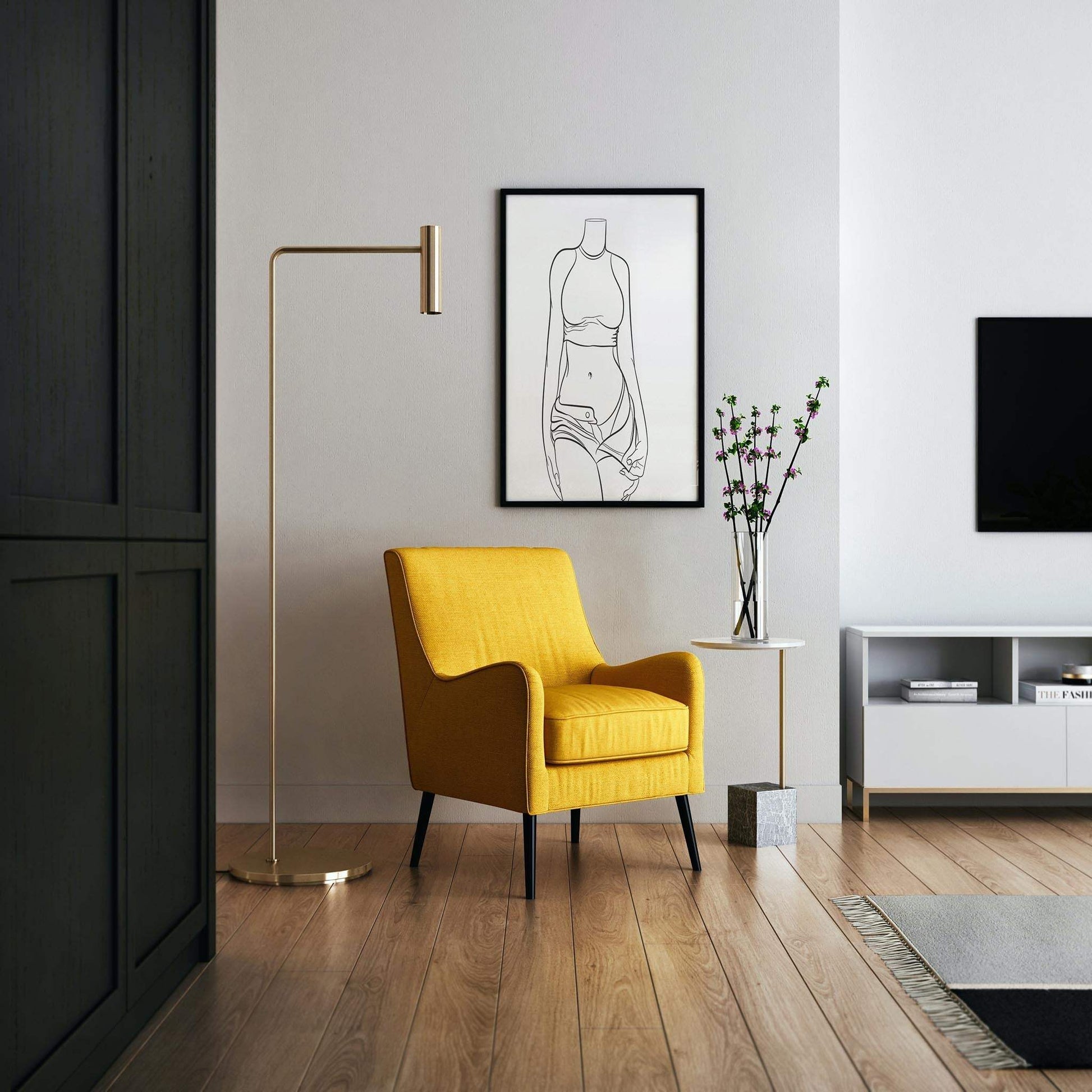 Stylized line art illustration of a figure in a fitted grey crop top and shorts revealing an orange bikini bottom, framed in a modern living space.