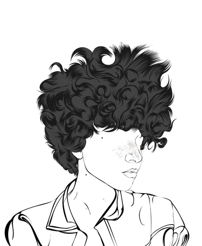 Character and human faces model 13 line art featuring detailed curly hair.