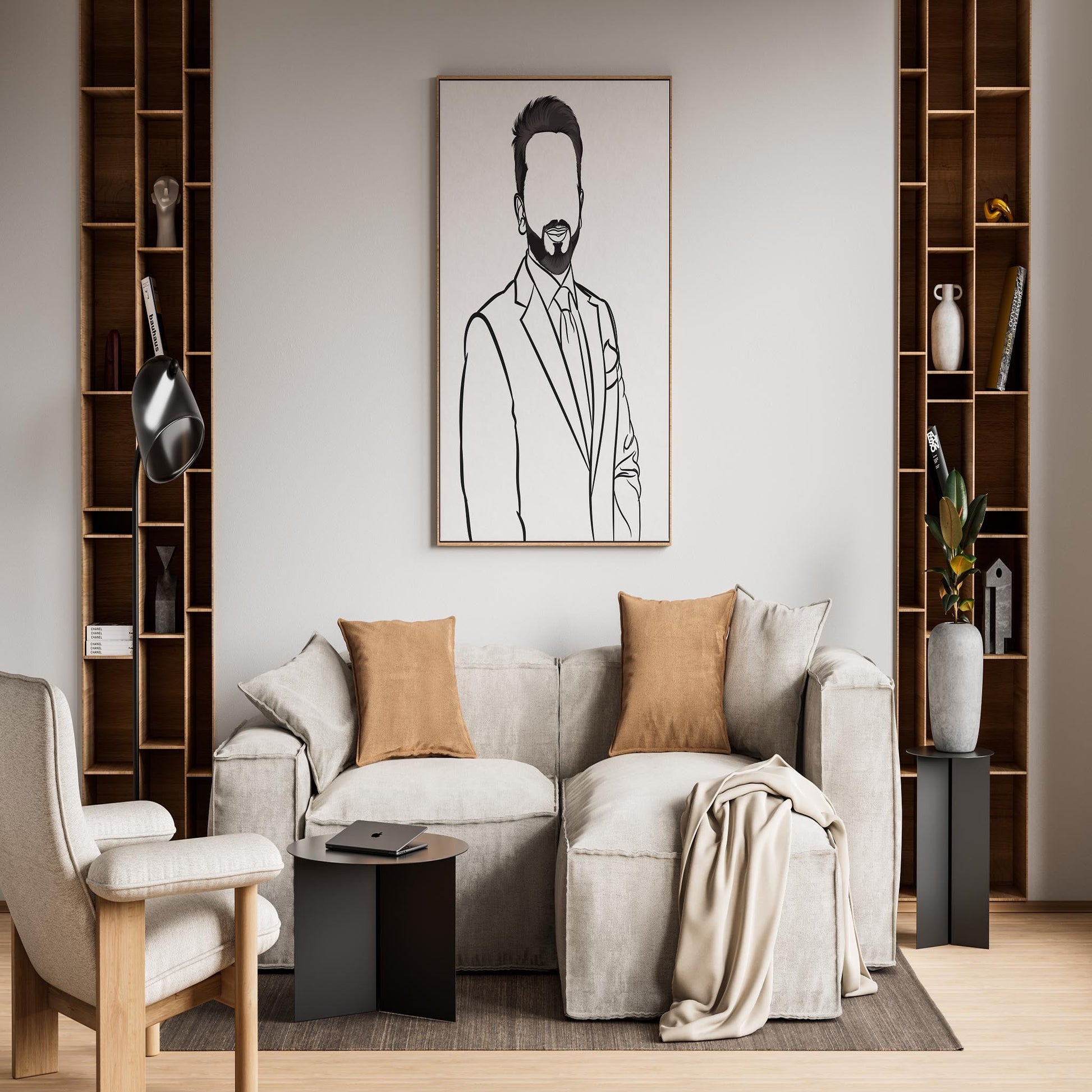 Line art of professional man in suit, Character & Human Faces Model 14, framed in modern living room.