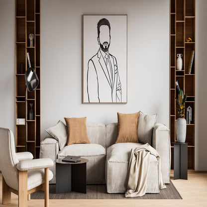 Line art of professional man in suit, Character & Human Faces Model 14, framed in modern living room.
