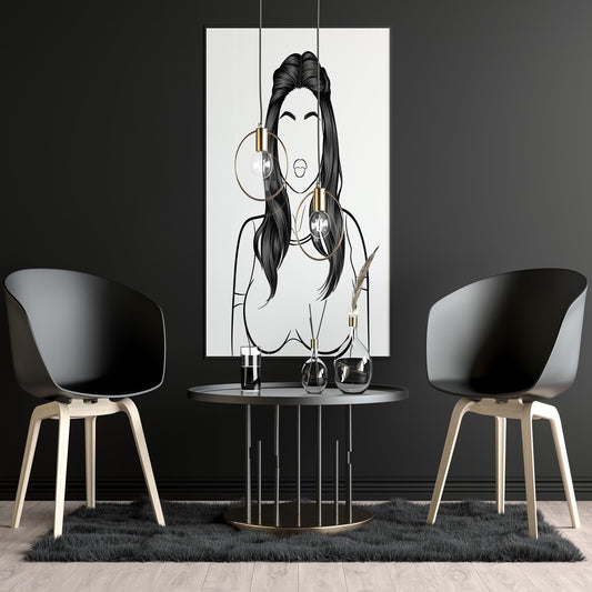Character & human faces model 18 line art in modern interior setting.