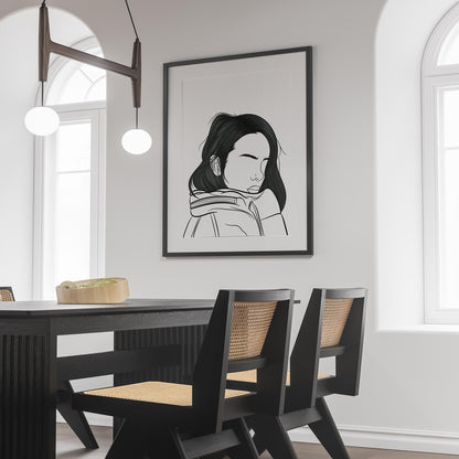 Character & Human Faces Model 19 - Digitalized line art displayed on wall in modern dining room.