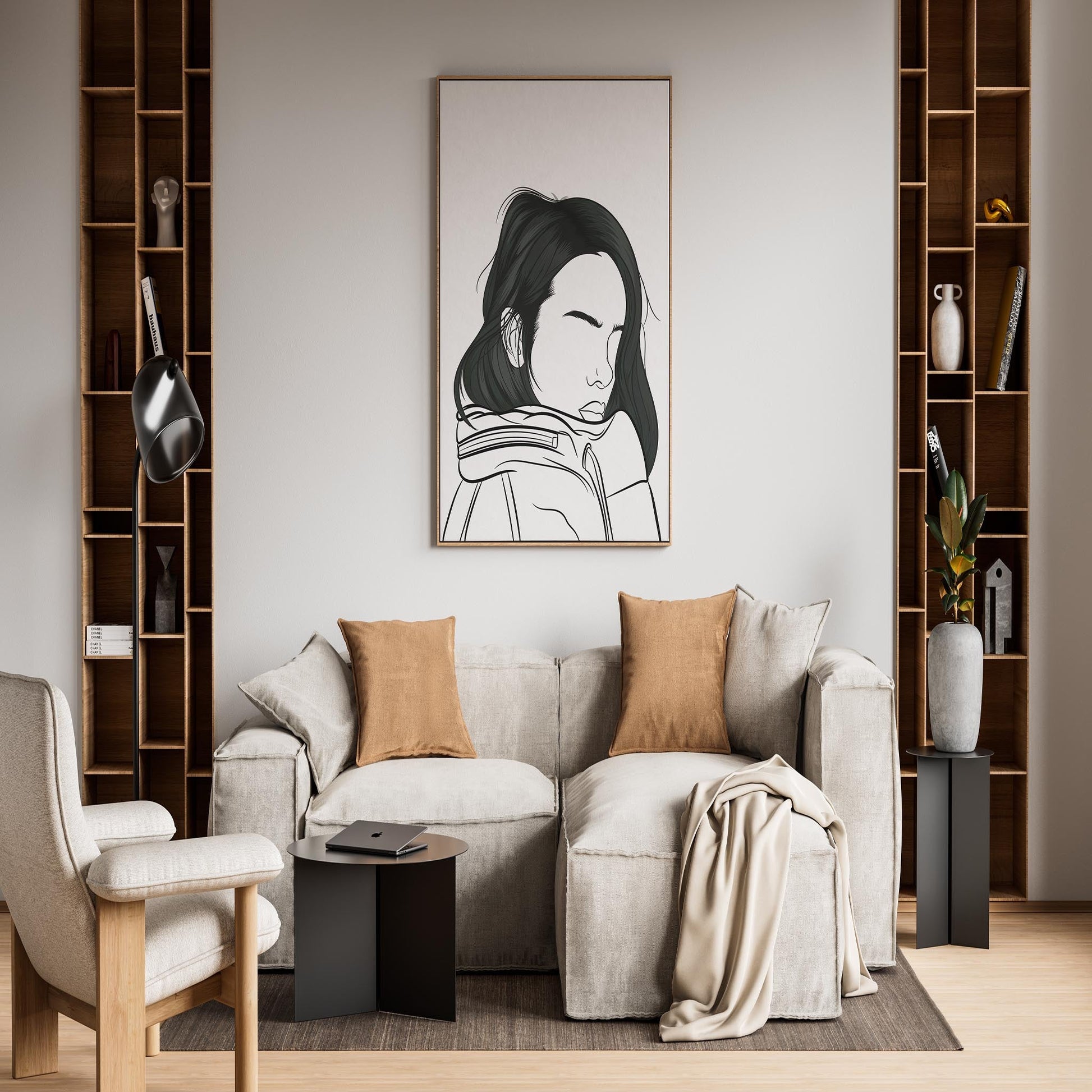 Line art portrait displayed in a modern living room setting.